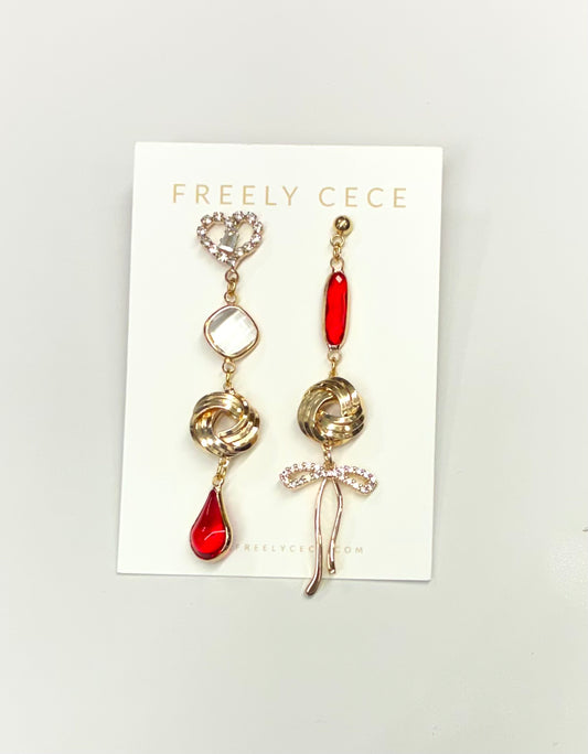 Red and Gold Mismatched Earrings - Hearts, Bows, Rhinestones, etc