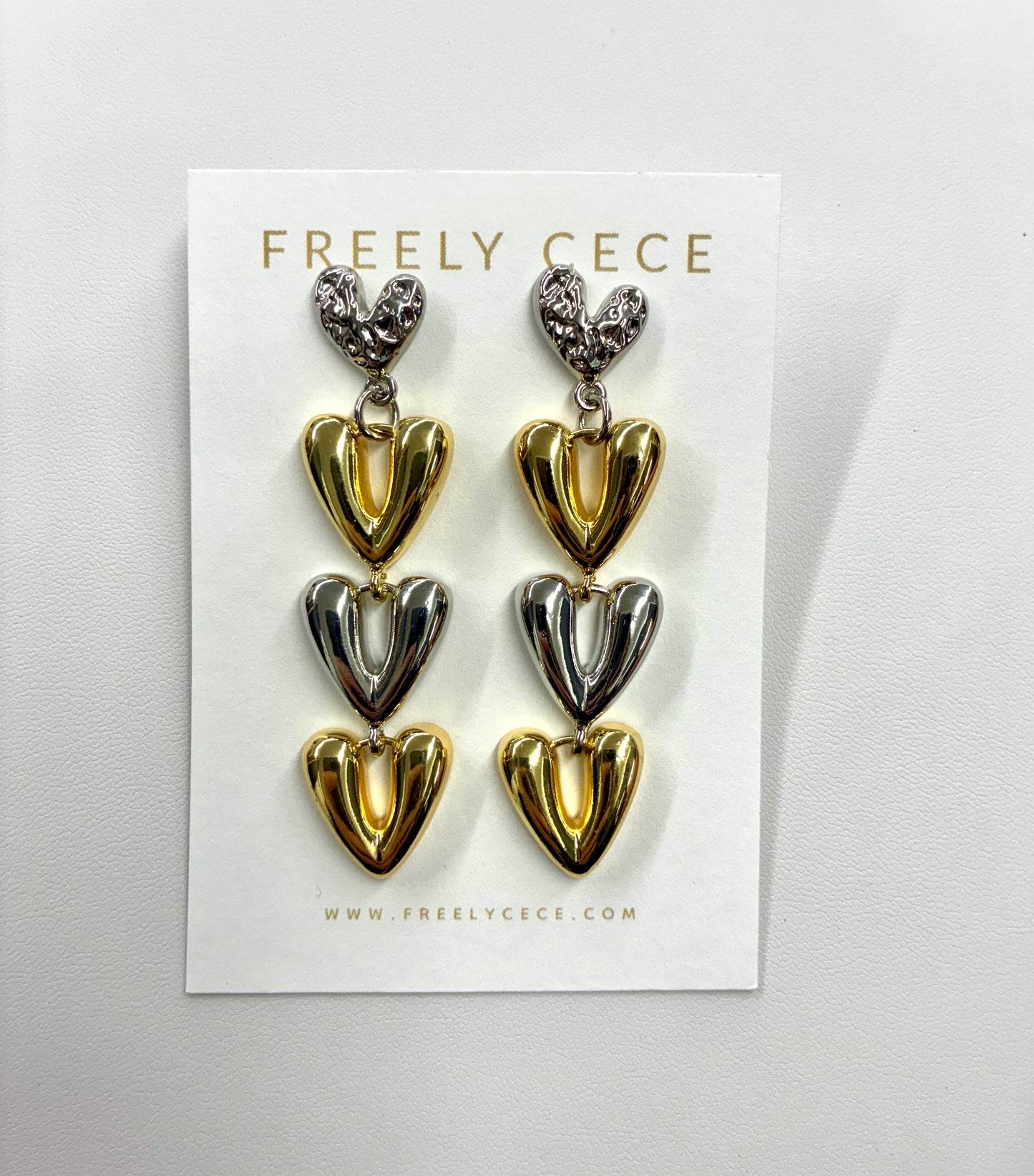 Gold & Silver Puff Heart Dangle Earrings