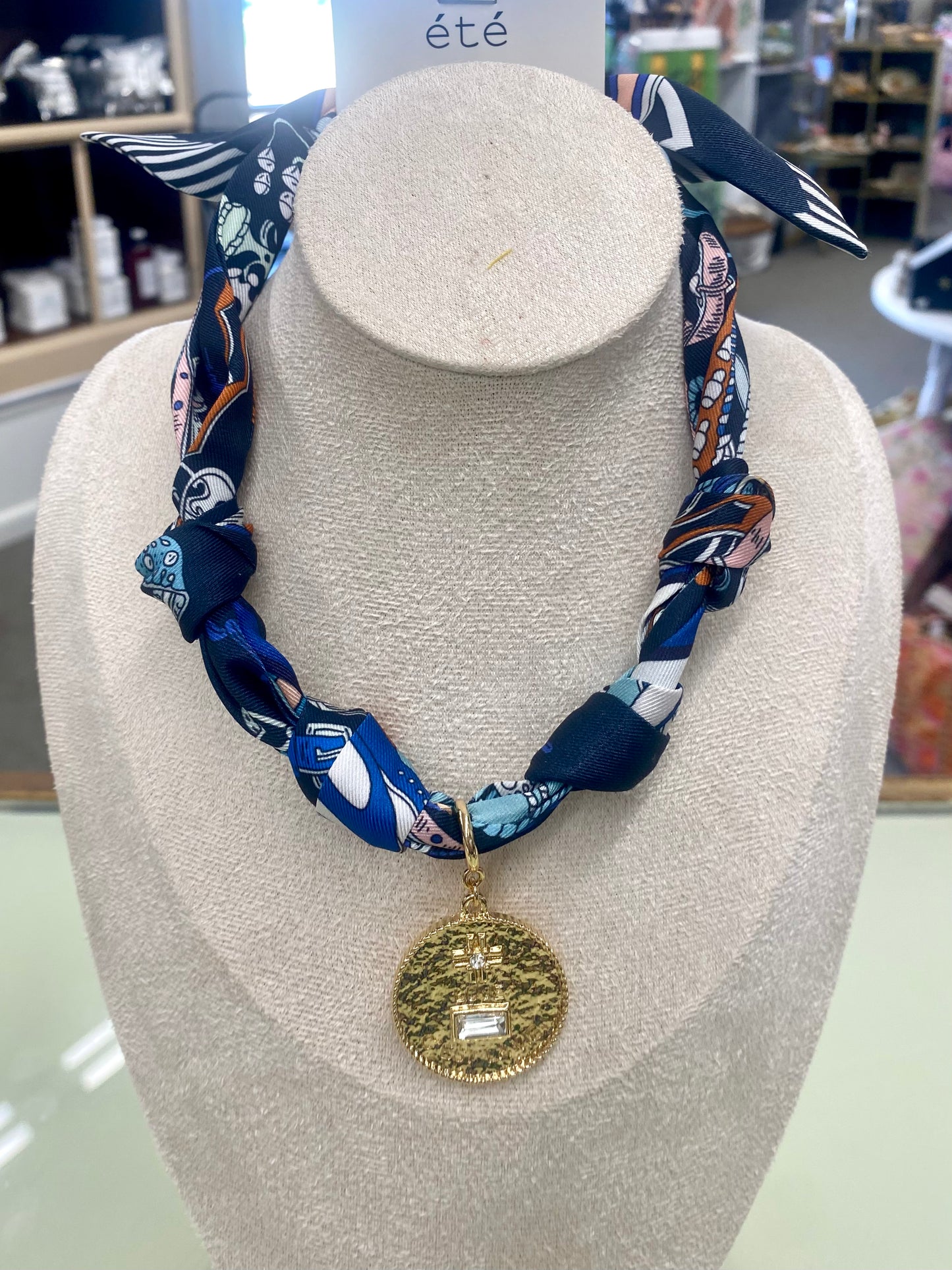 Orange/White or Black/ Navy Scarf Charm Necklace with Gold Stud Earrings - Water Resistant    (mk)