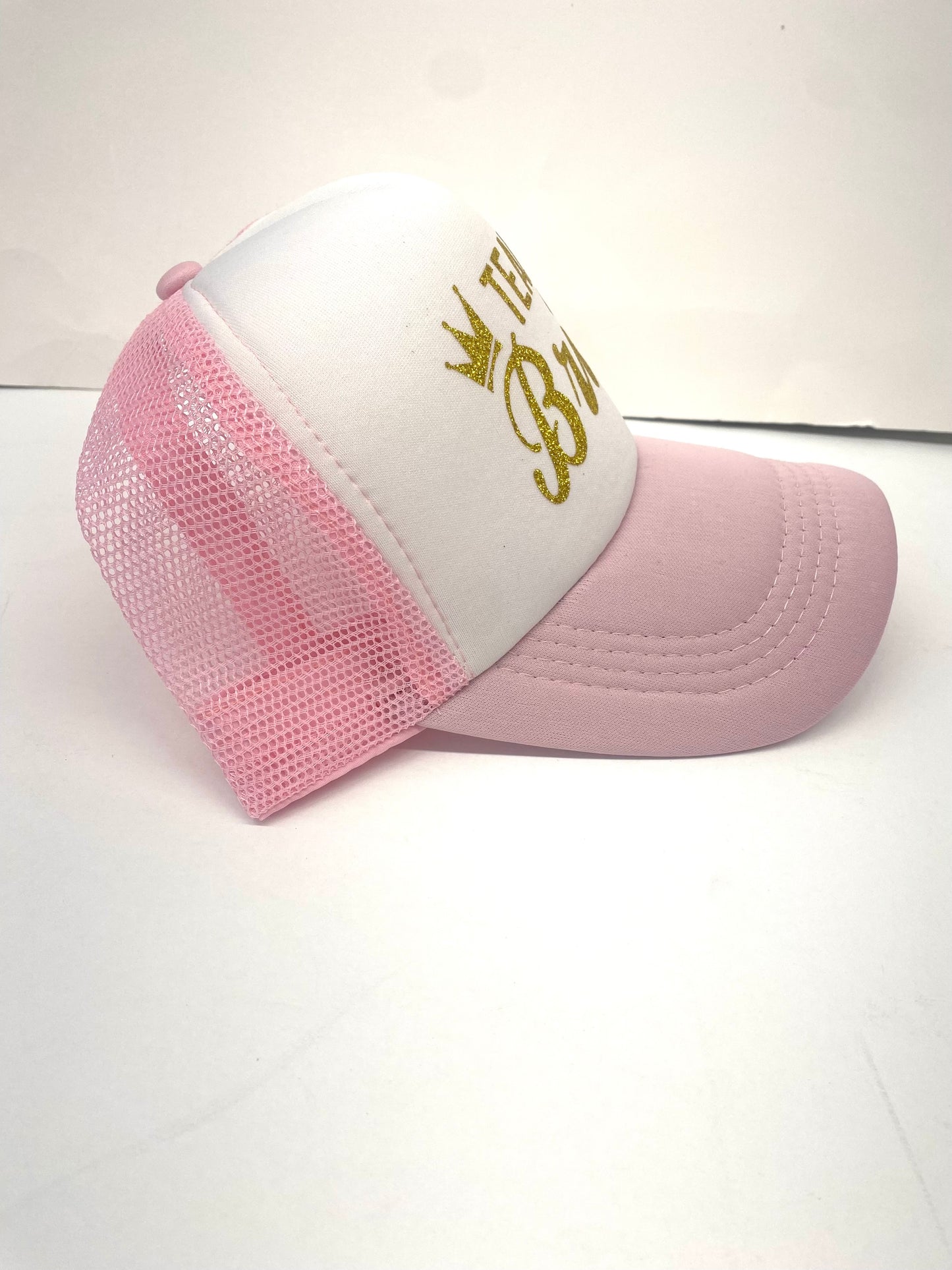 Glittery Gold Team Bride White and Pink Mesh Cap