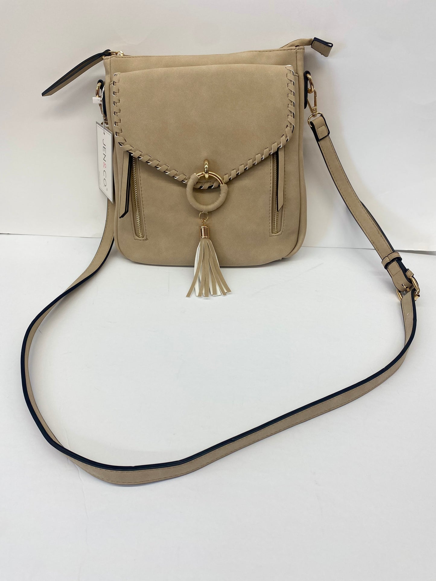 Jen & Co. Layla Faux Suede Whipstitch Crossbody w/ Tassel -Parchment Color