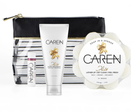 Flirt Caren Gift Set  Includes 2 oz. Hand Treatment, Flirt Soap Sponge, & Free Pretty Lip Balm & Bag