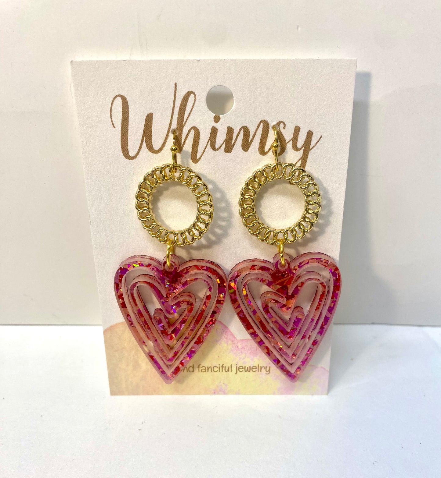 Red Glitter Heart Earrings w/ Gold  Whimsy Jewels