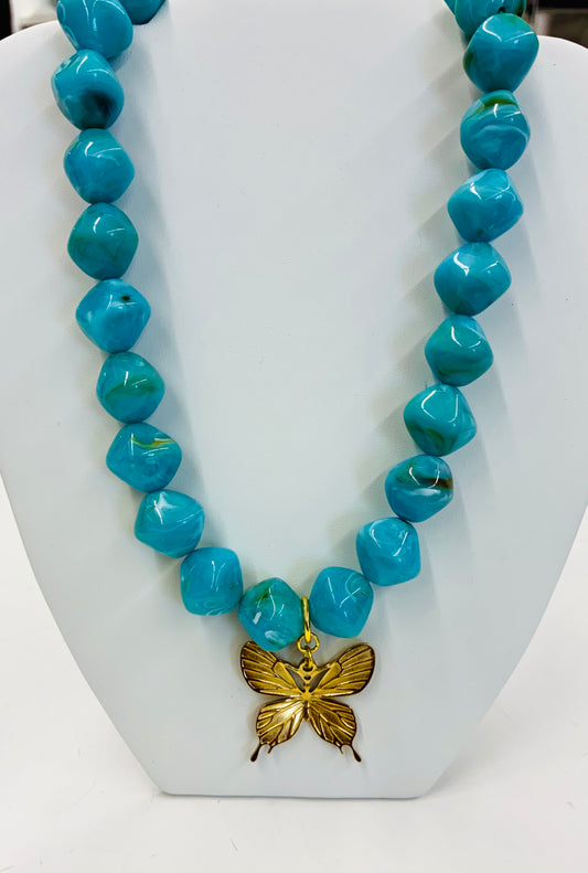 Turquoise Beaded Necklace with Gold Butterfly Charm