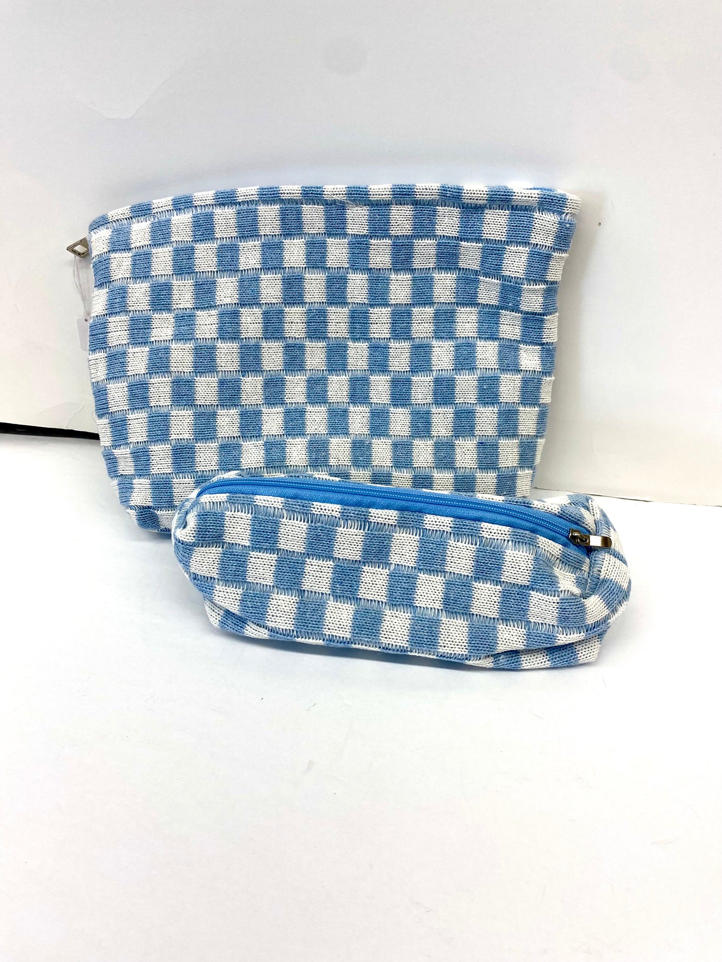 2-Piece Checkered Zip Canvas Makeup Bag / Black or Blue