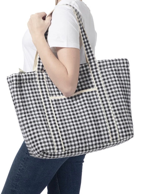 Black Gingham Check Quilted Tote Bag with Shoulder Straps