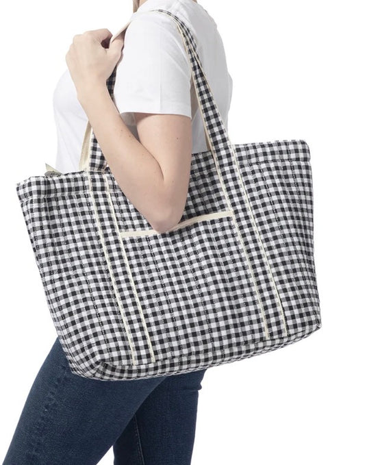 Black Gingham Check Quilted Tote Bag with Shoulder Straps