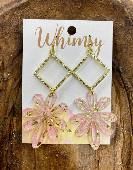 Pink & glitter gold flower earrings / Whimsy Jewels