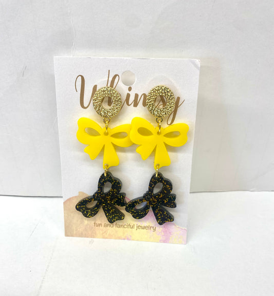 Black and Yellow Bow Earrings with Gold Post  / Whimsy Jewels