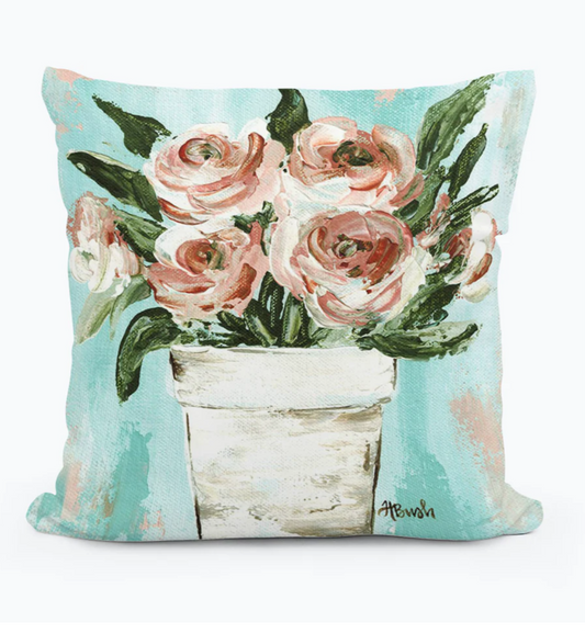 Haley Flower Pot Pink Roses Square Pillow 12x12