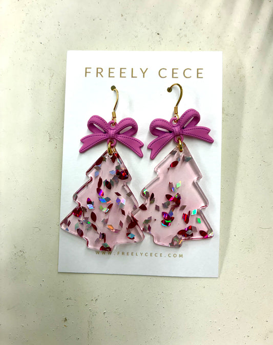 Pink Glitter Christmas Tree Earrings