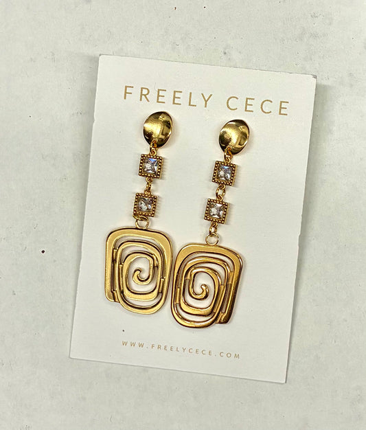 Gold Square Spiral Earrings with Crystal Accents - Freely Cece