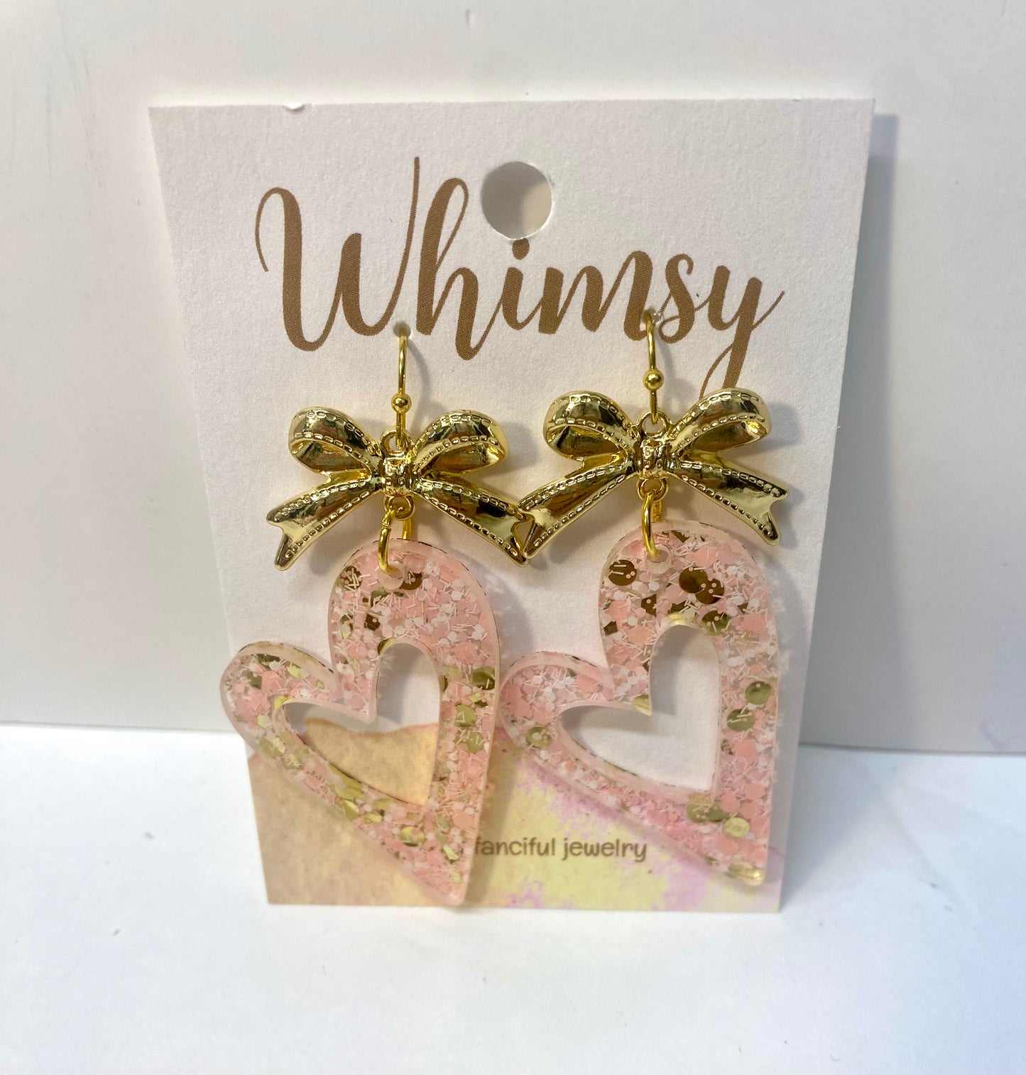 Pink & Gold Heart Earrings w Gold Bow  Whimsy Jewels