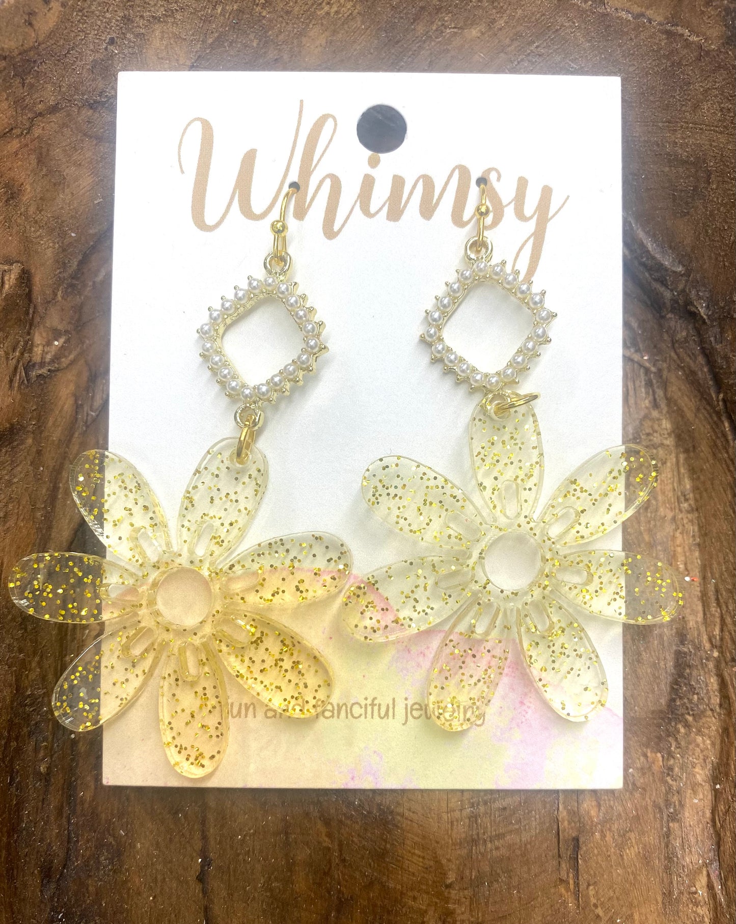 Gold glitter flower earrings w/pearls / Whimsy Jewels