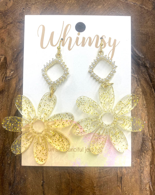 Gold glitter flower earrings w/pearls / Whimsy Jewels