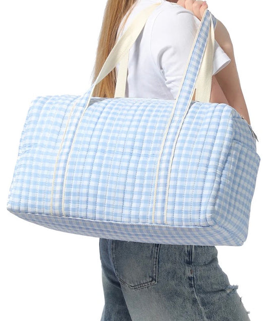 Light Blue Plaid Quilted Weekender Tote Bag