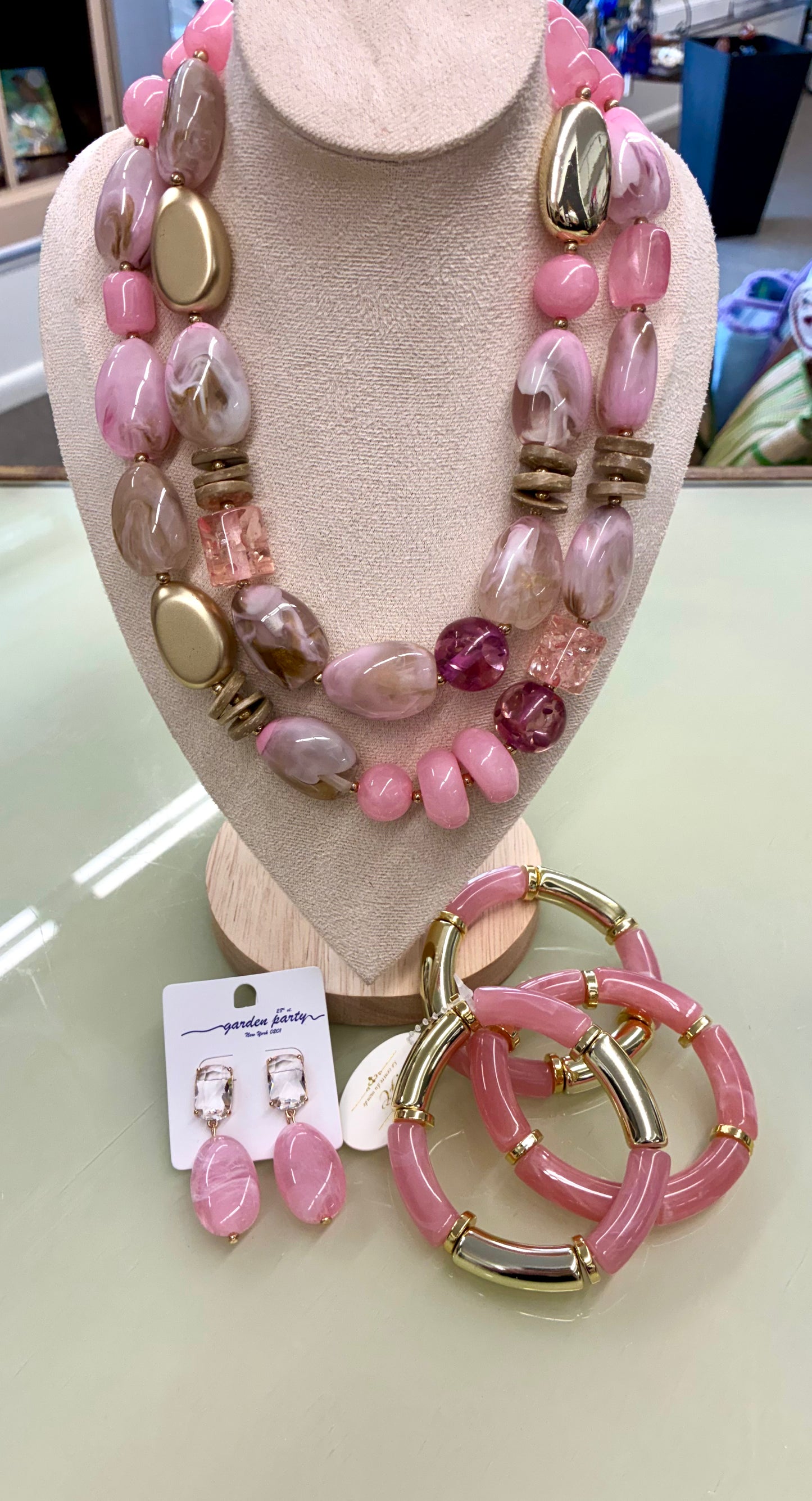 Bold Pink & Gold Chunky Beaded Double Strand Layered Necklace