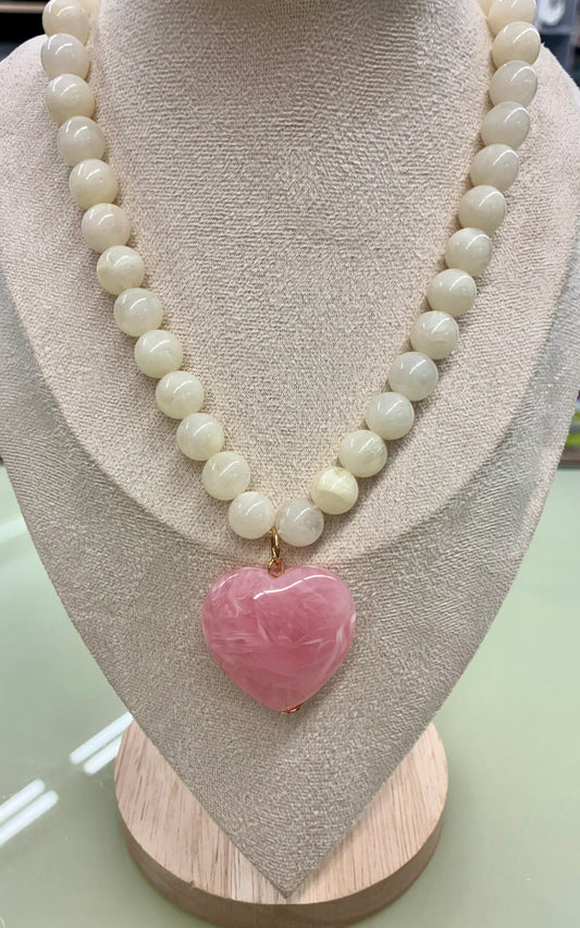 Pink Marbled Heart & Stone Beaded Necklace
