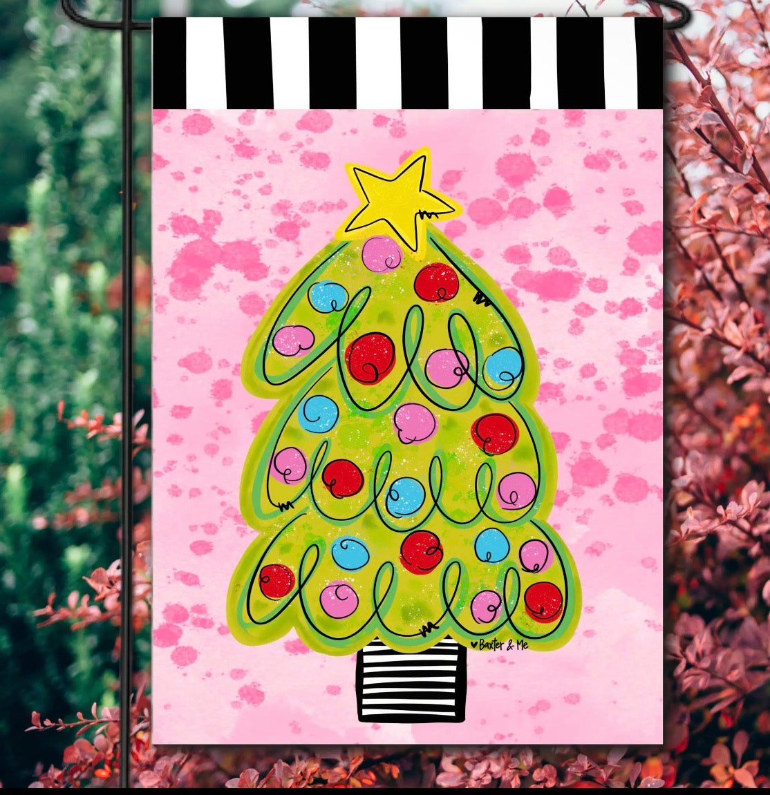 Pink Whimsical Christmas Tree Garden Flag - Baxter & Me