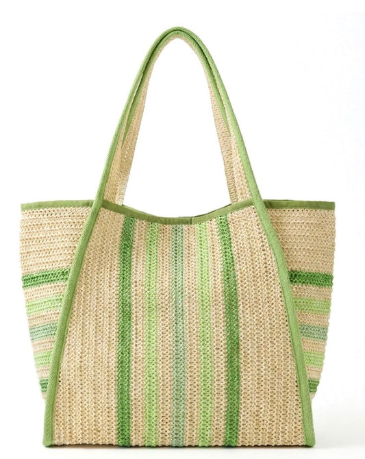 Multi Color Green Stripe Natural Straw Tote Bag