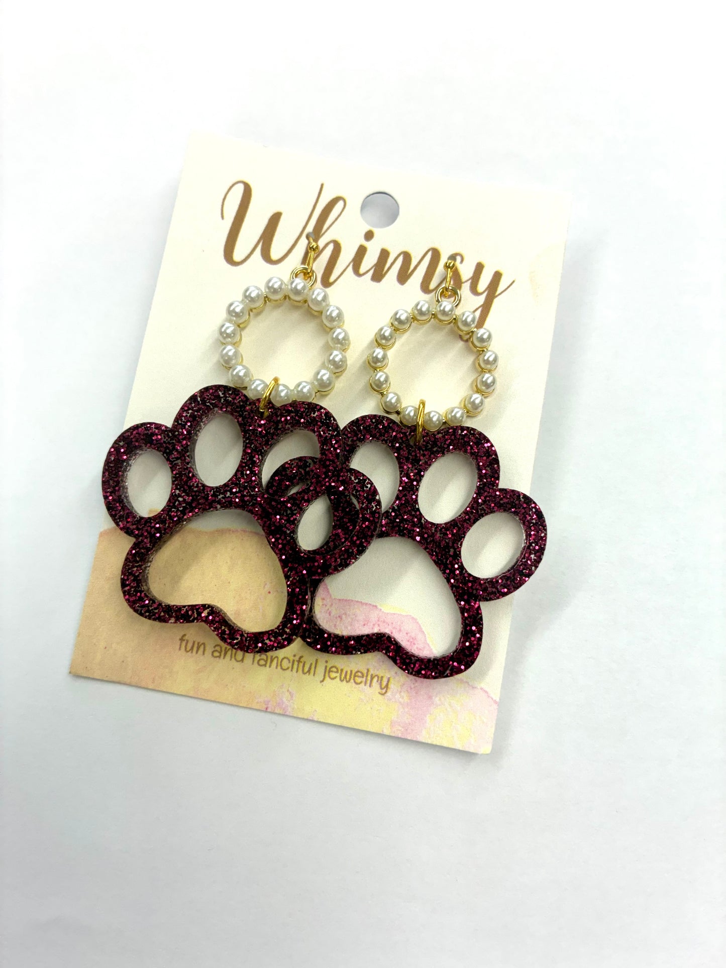 Maroon Glitter Paw Earrings with Pearl Circle Attachment / MS State Dawgs