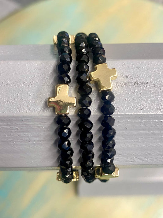 Gold Metal Cross Glass Beads Bracelets 3-Strand