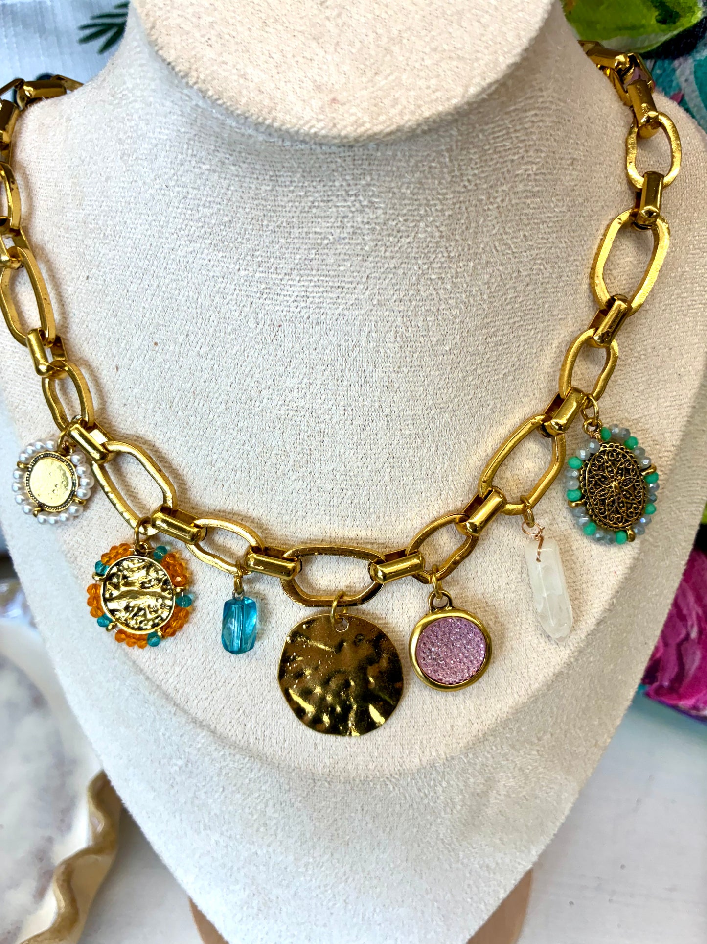 Bohemian-Style Chunky Paperclip Necklace with Multiple Unique Charms