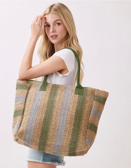 Natural Multi Color Stripe Straw Tote Bag