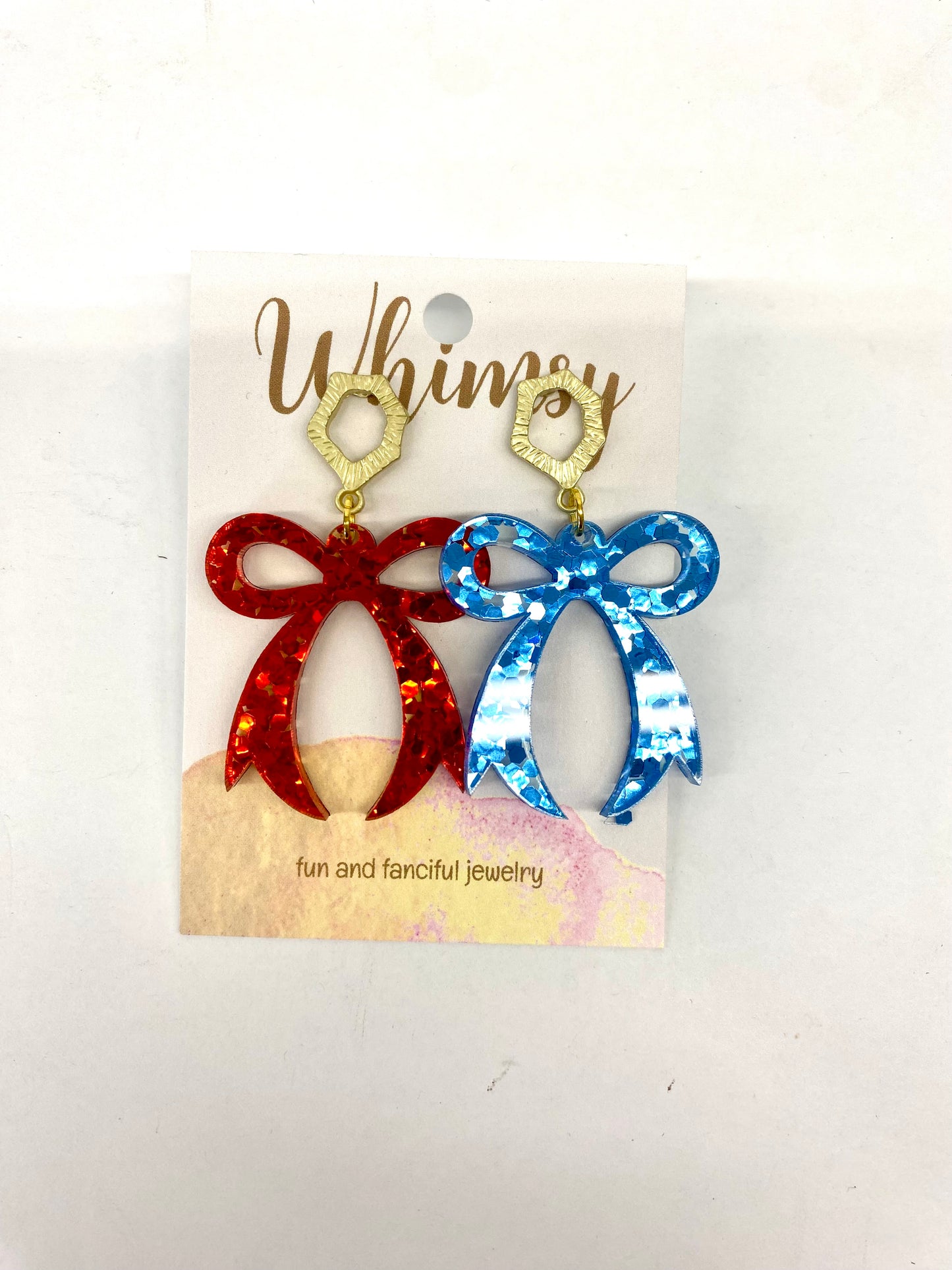 Red and Light Blue Glitter Bow Earrings /  Whimsy Jewels