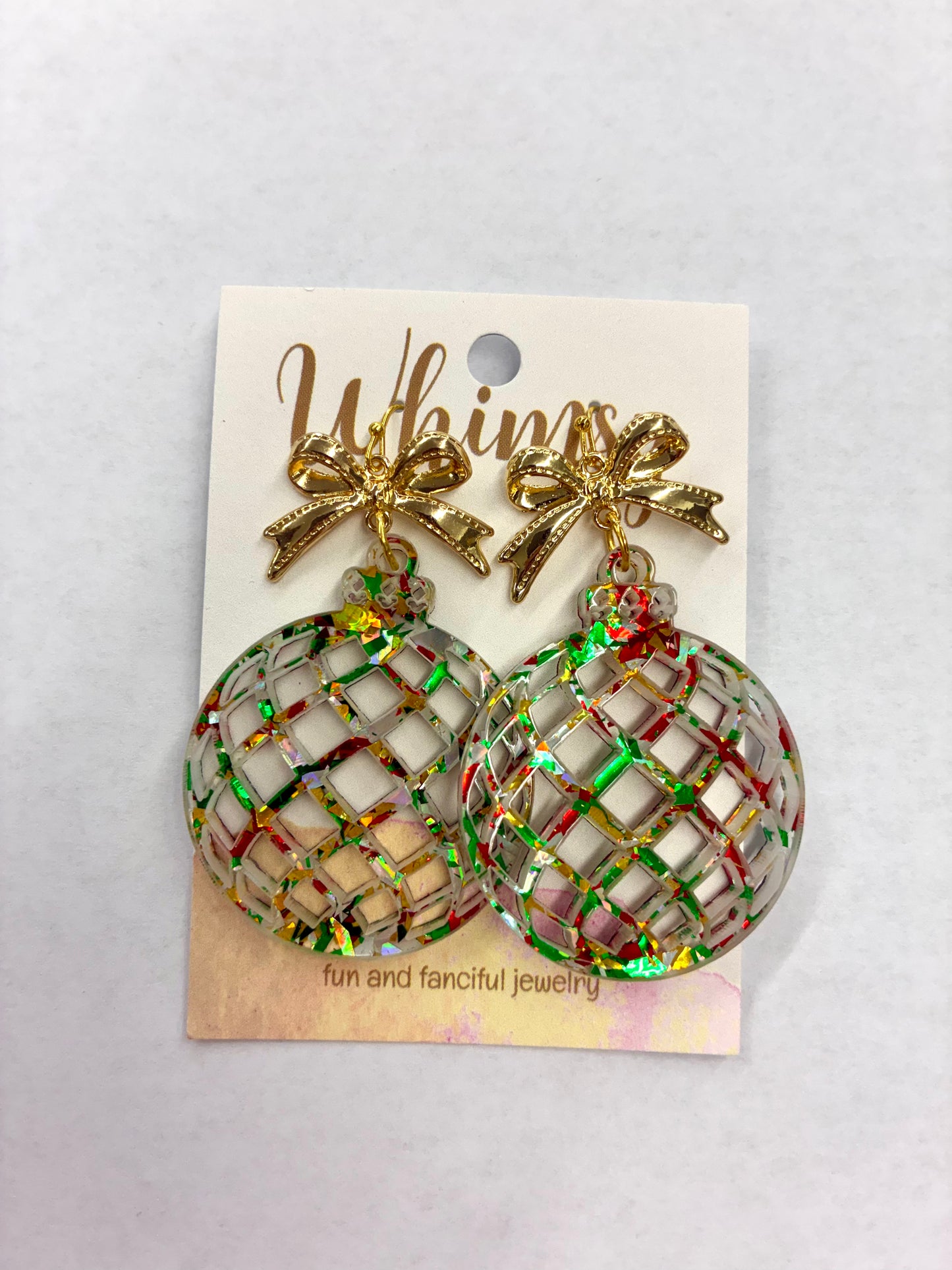 Green/Red Iridescent Round Ornament Gold Bow Earrings