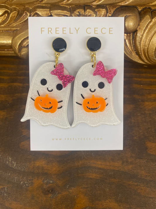 Ghost Earrings with Pink Bows