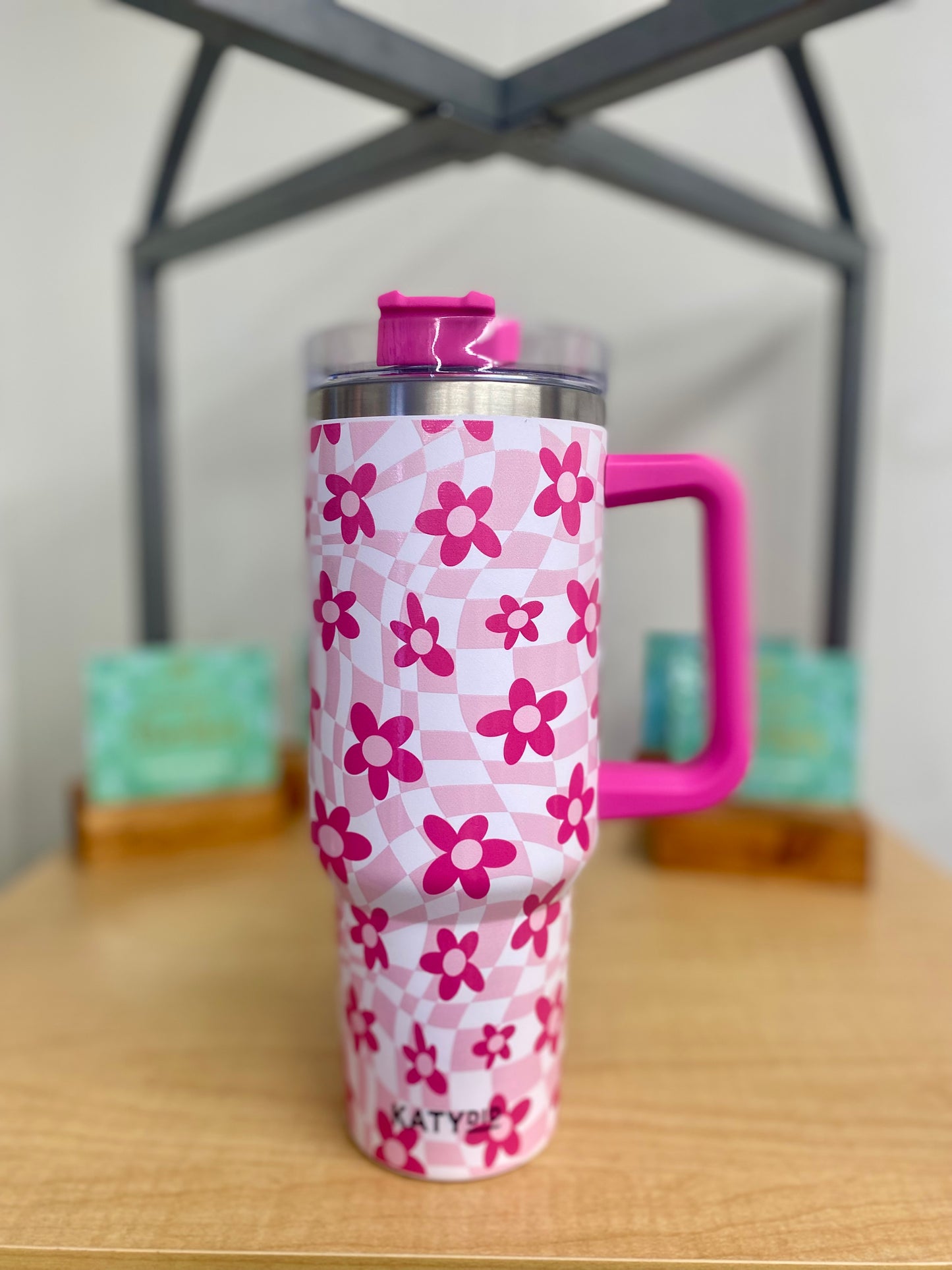 Pink Flower w/ Groovy Checkered Pattern 40oz Stainless Steel Tumbler / Katydid