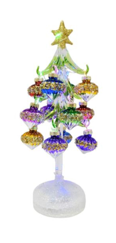 Green Glass LED Tree 10” with Teardrop Ornaments