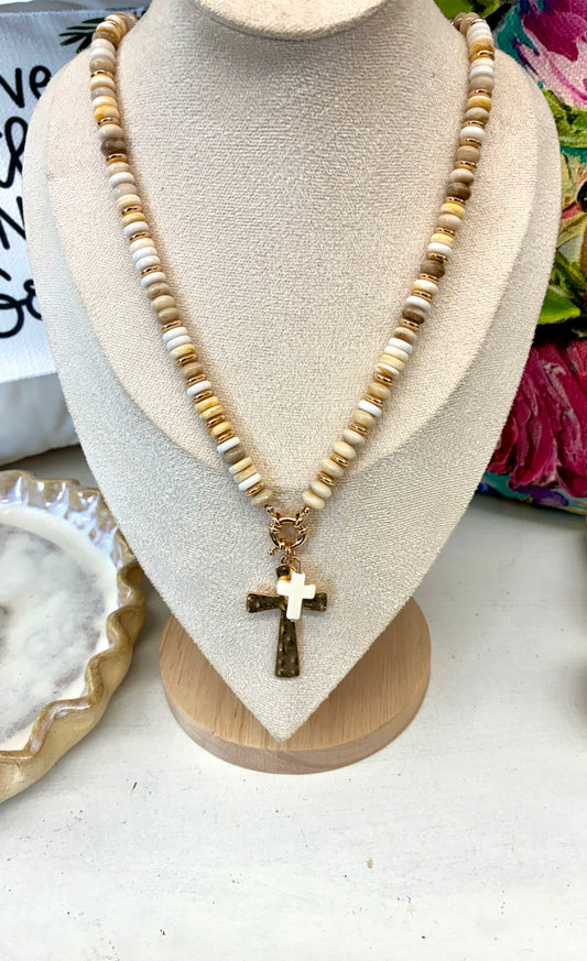 Stone Disk Beaded Necklace with Stone Hammered Cross Pendant