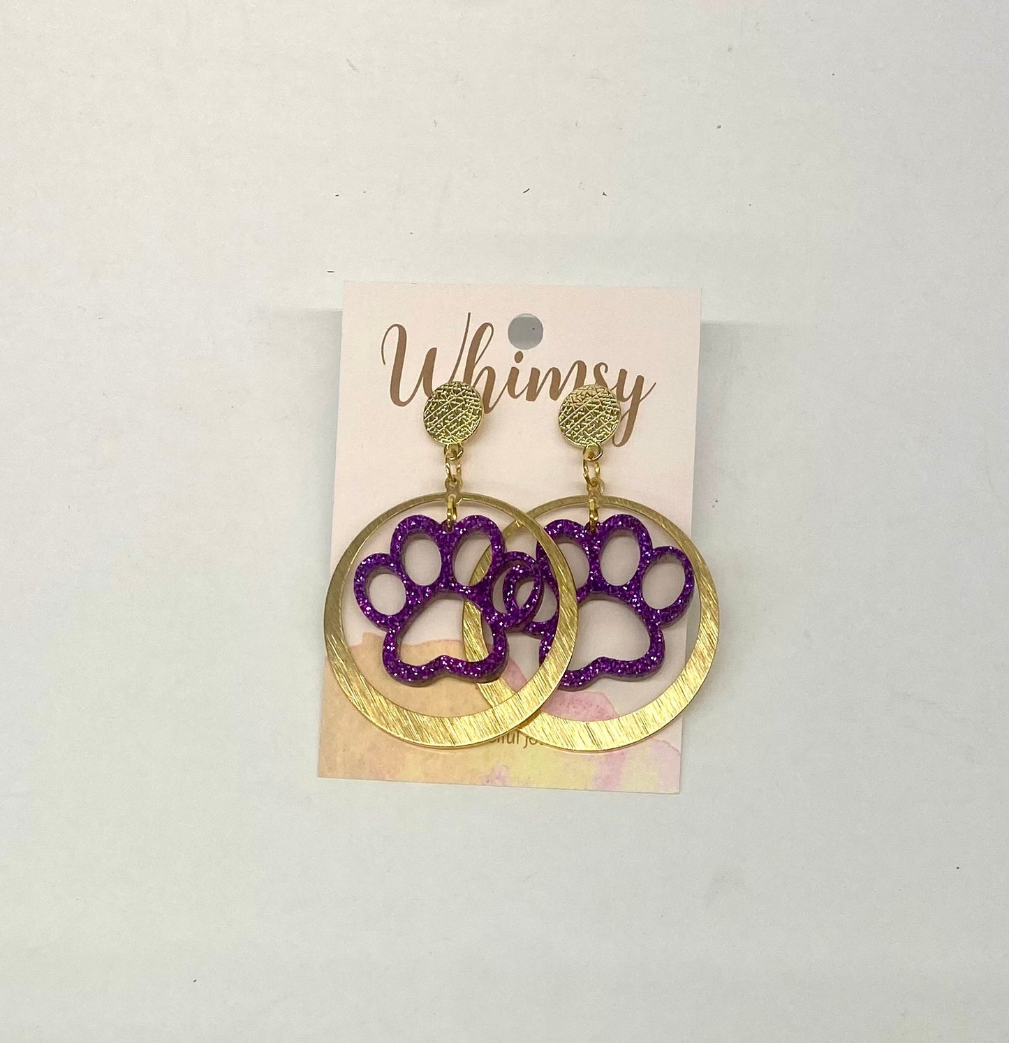 Round Gold and Glitter Purple Paw Earrings LSU / Whimsy Jewels