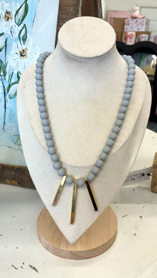 Gray Beaded Necklace with Gold Accents