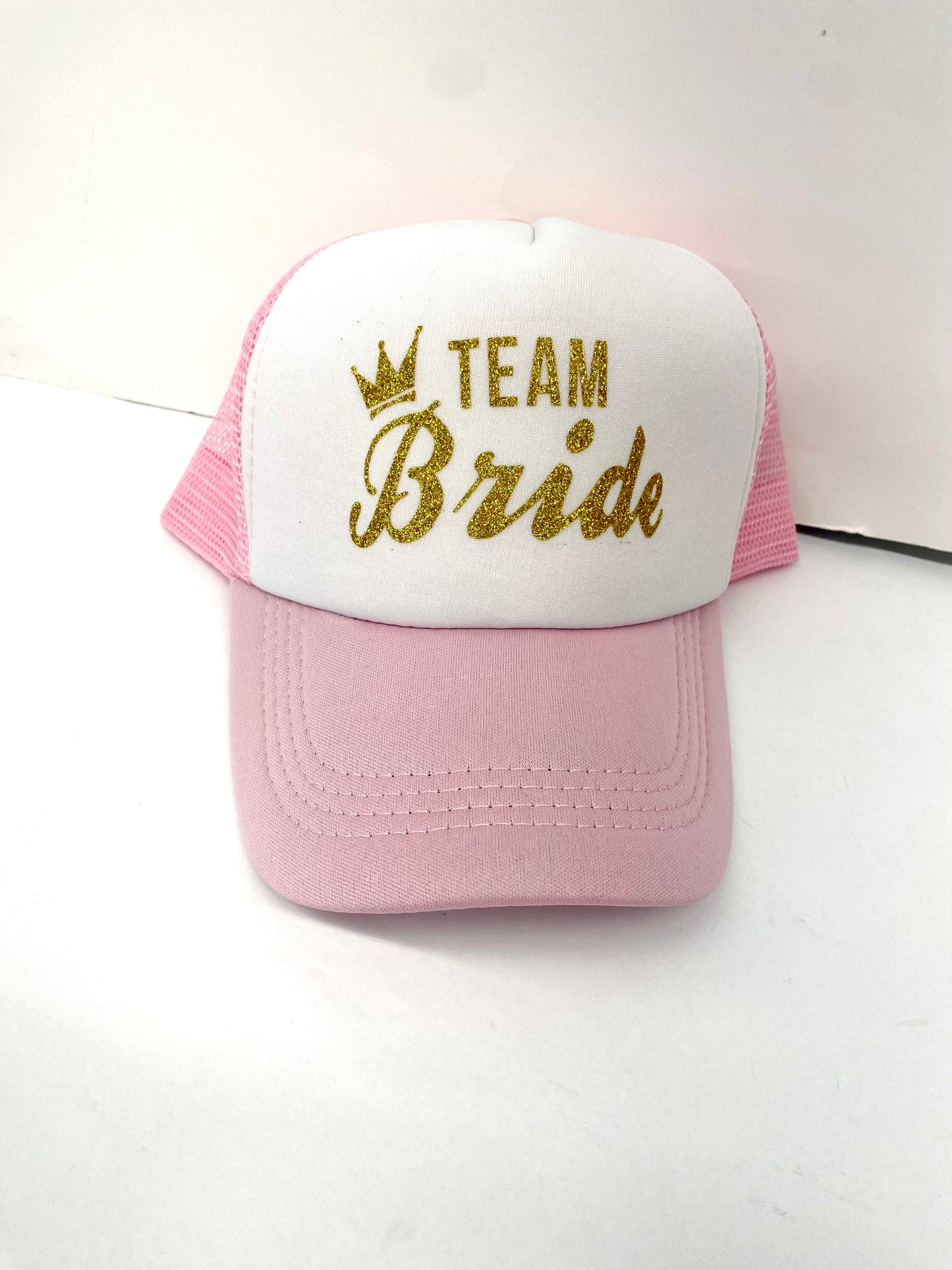 Glittery Gold Team Bride White and Pink Mesh Cap