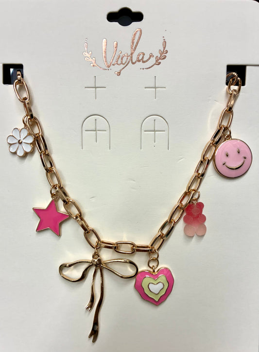 Viola Gold Toned Multi-Charm Necklace with Bow, Heart, Flower, Smiley Face, Star & Bear