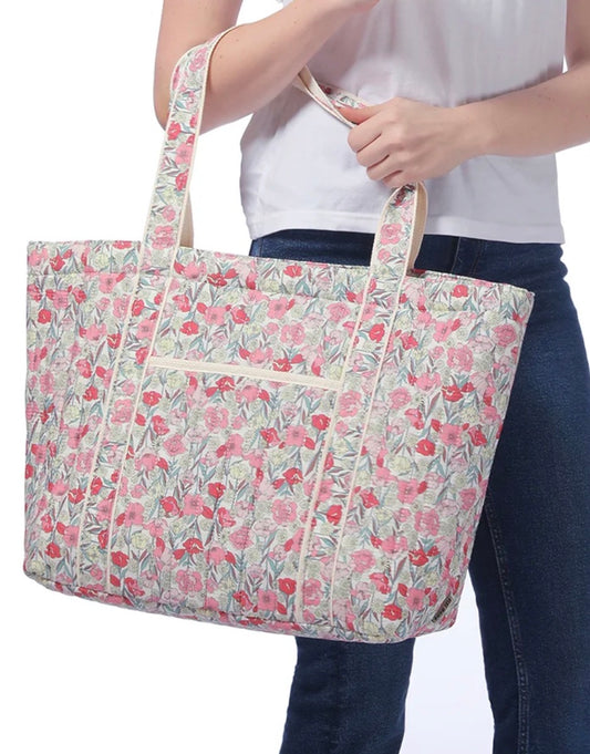 Pink Floral Print Quilted Tote Bag with Shoulder Straps