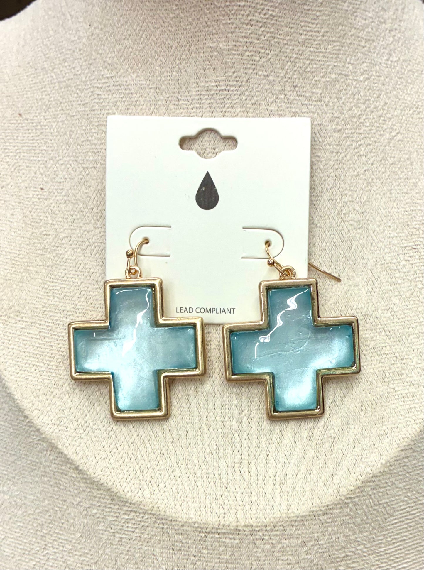 Gold Cross Dangle Earrings with Colored Glass
