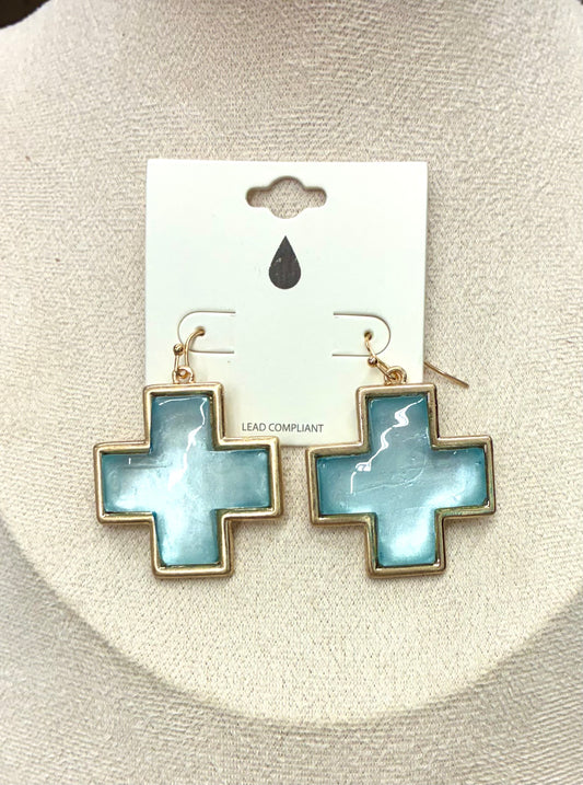 Gold Cross Dangle Earrings with Colored Glass