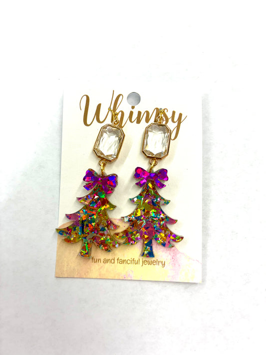 Green & Red Confetti Christmas Tree Red Bow Earrings