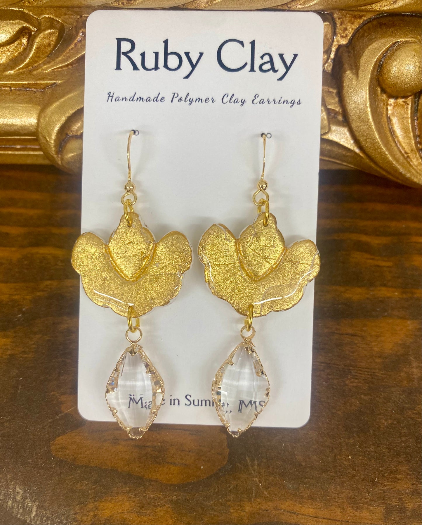 Polymer Clay Earrings set in Gold w/ Clear Crystal by Ruby Clay