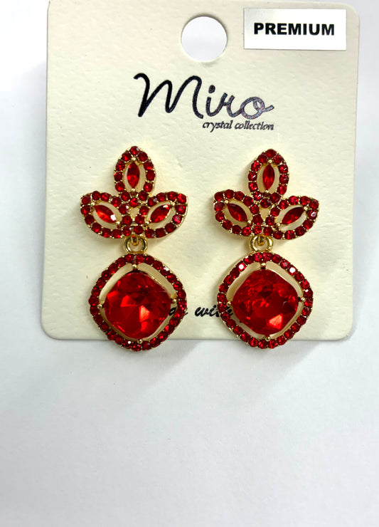 Red Rhinestone Leaf Teardrop Dangle Earrings