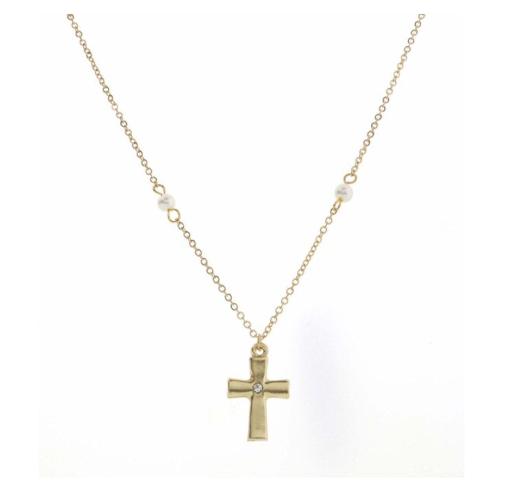 Kids 14” Pearl Station Chain With Crystal Center Gold Cross Necklace 3” Extender