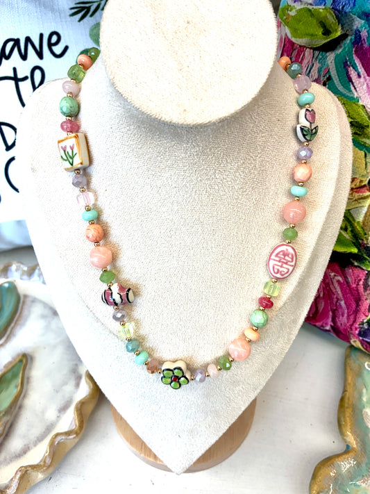 Pastel Colored Vintage Style Beaded Necklace - Pink or Blue