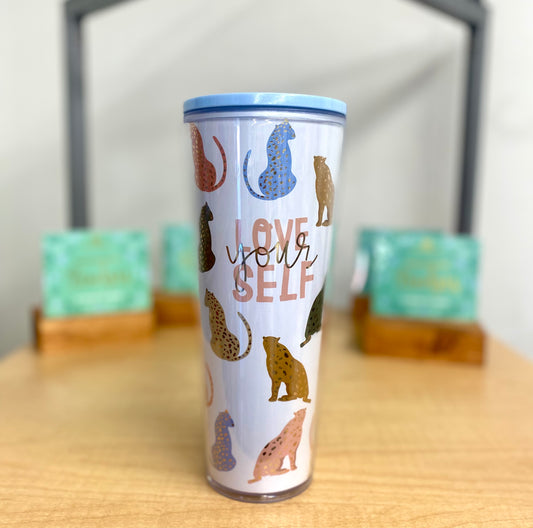 Acrylic Travel Tumbler & Straw Mary Square Love Yourself Blue Leopard 24 oz