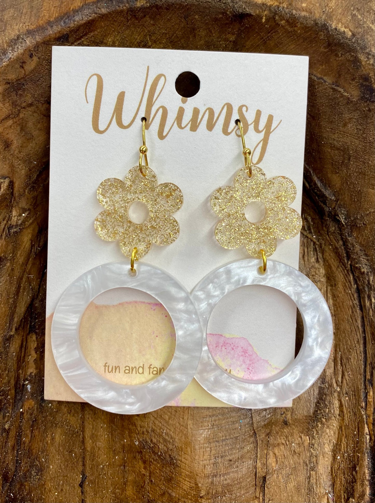 Gold glitter flower & metallic white earrings / Whimsy Jewels