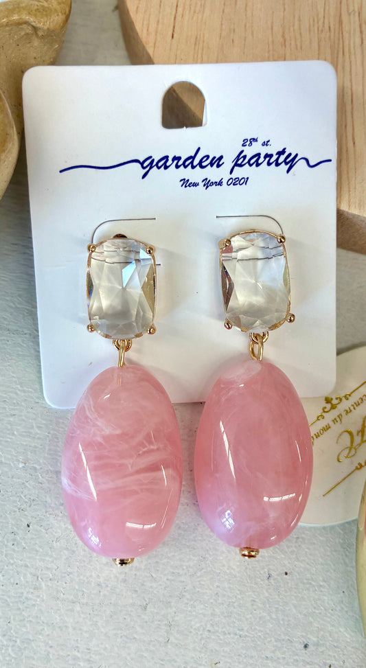 Marbled Pink Resin Oval And Crystal Earrings