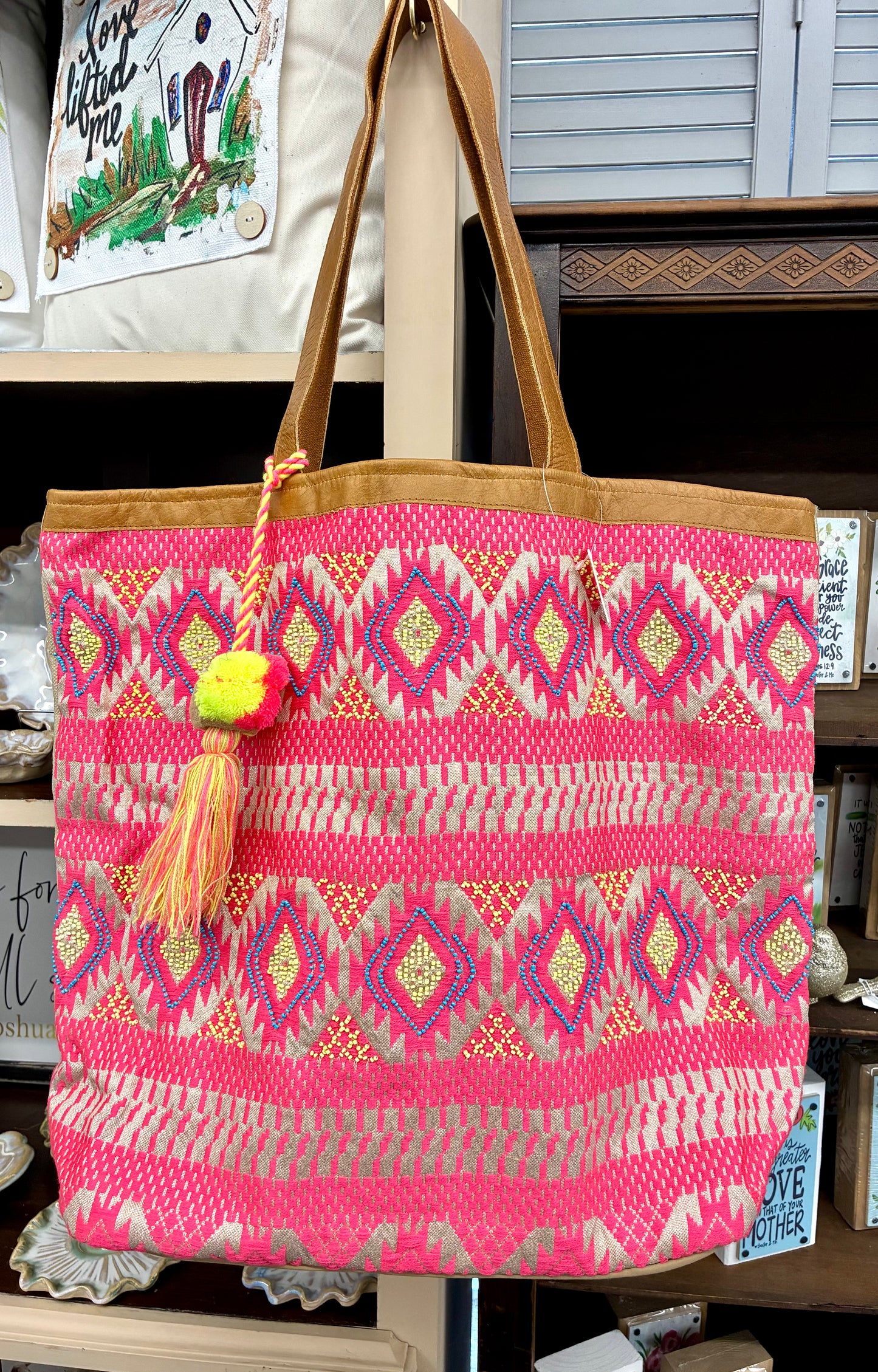 Pink Geometric Tote with PomPom Tassel by Fabulous MJ New York